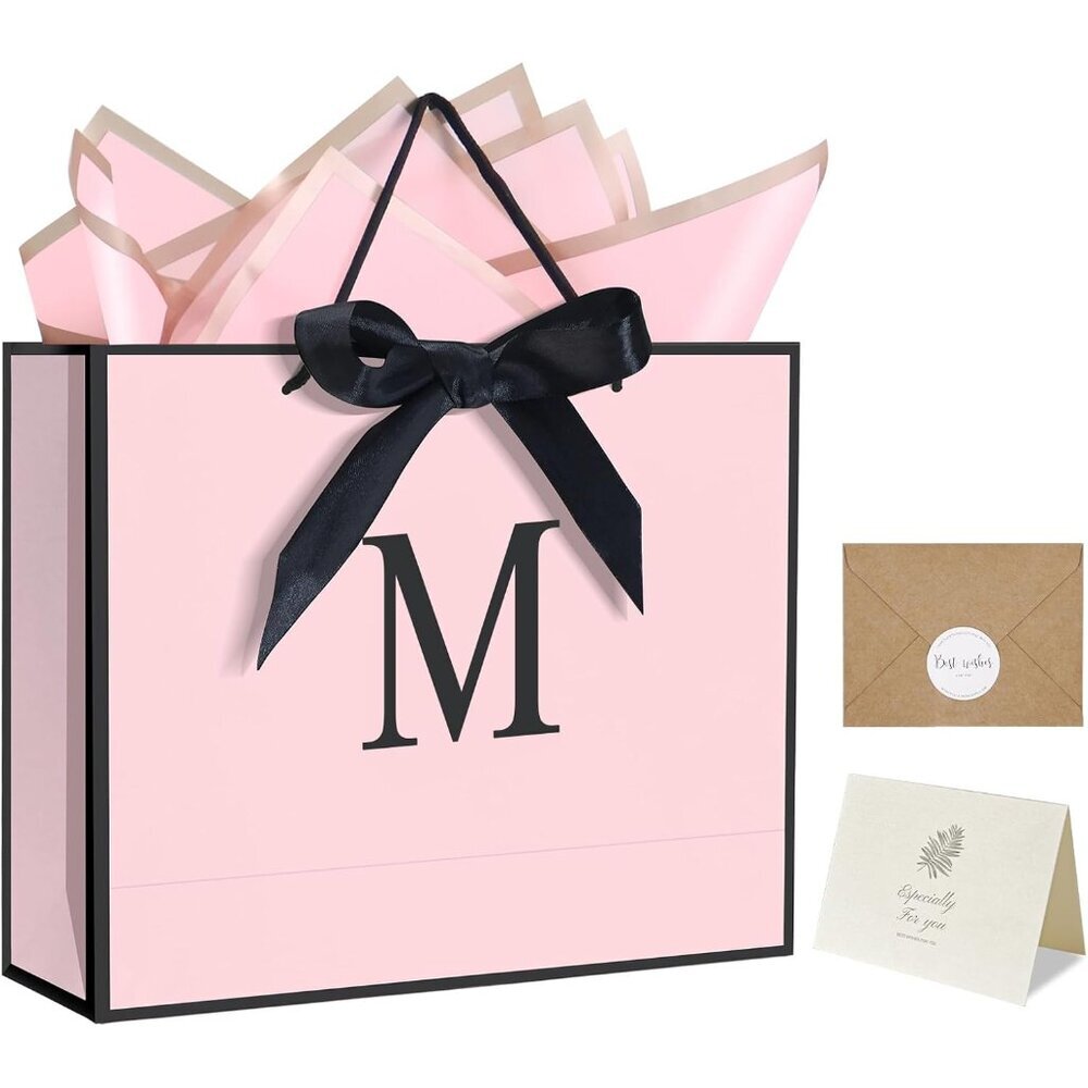Monogrammed Paper Gift Bag with Bow & Card - Pink Medium for Special Occasions